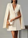 Elegant Cape Sleeve Blazer Dress Double Breasted V Neck Office Party Dress