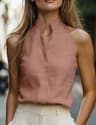 Womens Linen Blend Top Sleeveless Summer Blouse Mock Neck Relaxed Fit 3