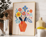 Retro Beige Floral Line Wall Art Minimalist Neutral Canvas Print Frameless 18