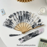 Traditional Chinese Folding Fan  Bamboo Cloth Hand Fan With Floral Ink Painting  Tassel 4