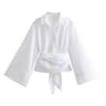 Womens Bow Tie Blouse Double Breasted Polo Collar Shirt Cropped Poplin Top 1