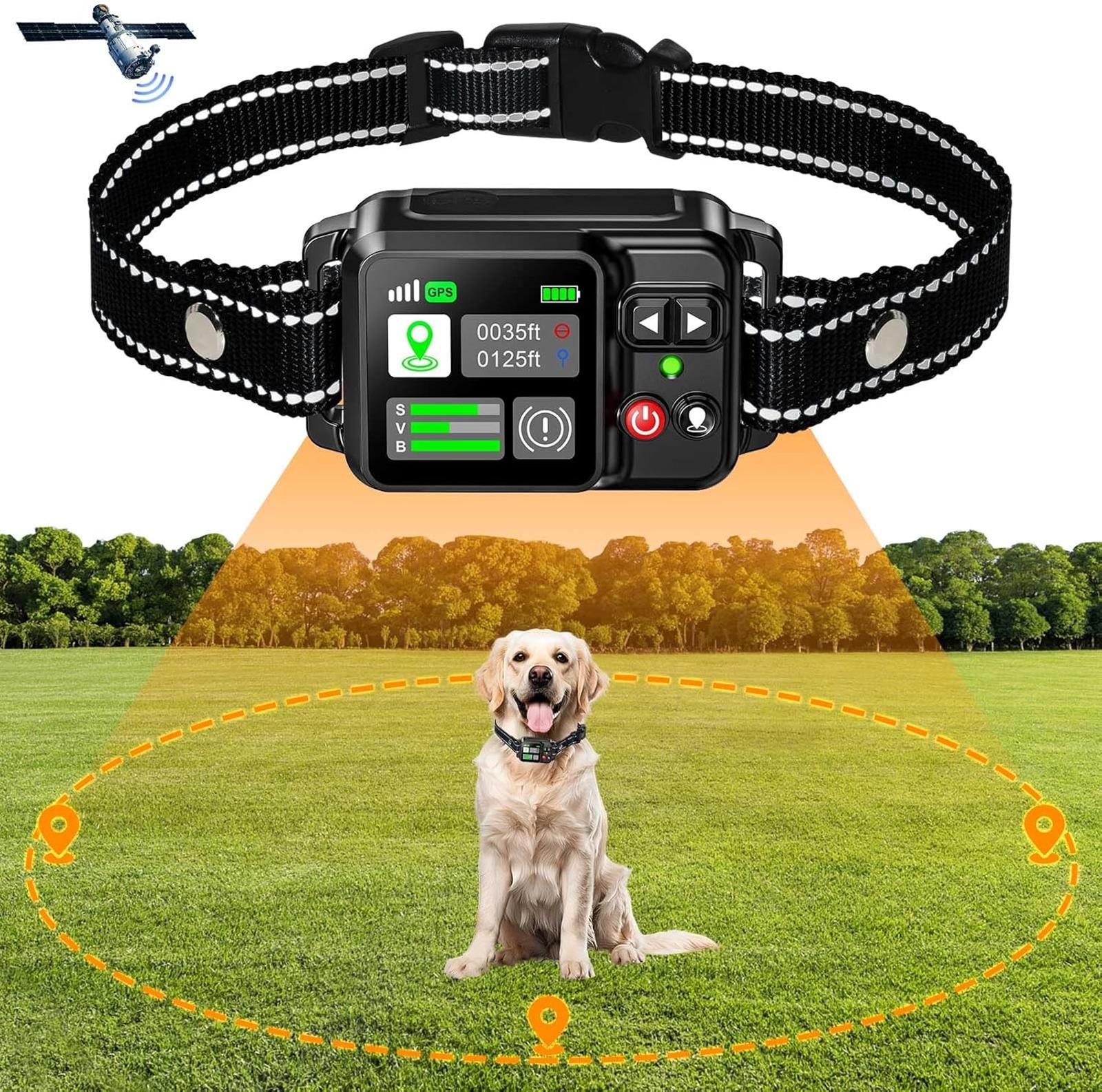 Representative portable GPS dog fence collar and circular safe-zone diagram for the NBSUN profile