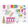 Bright multicolored Christmas decorative attributes. Multi-colored balloons, curled garlands, Christmas tree of balloons. Cake with a garland. Purple Nutcracker