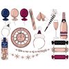 Rose gold fashionable New Years balloons. Bengal lights. Bottle and glass of pink champagne. Pack of fortune cookies. Burgundy, blue and beige balloons and cand