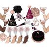 Rose gold New Year's pom-poms paper hats. A glass of champagne and sparklers in female hands. Cake with the image of New Year's chimes. Fashionable New Year's s