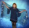 Dark navy blue embroidered scarf, Russian Orenburg shawl, Hand knit wool wrap, Warm bridal cape, Goat down cover up, Handmade stole, Kerchief, Gift for a woman.