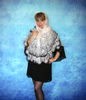 White crochet Russian shawl with black and gray border, Hand knit Orenburg shawl, Wool shoulder wrap, Goat down stole, Warm bridal cape, Openwork cover up, Moha