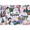 Fashionable winter clothing accessories, down jacket, pom-pom scarf, blue winter earmuffs, heart-shaped snowball in female hands, instant printing cameras, glas