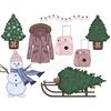 Christmas tree on a sleigh, a snowman in a blue scarf and a pink hat with a pom-pom and hand branches, a Christmas tree on a wooden stand, a Christmas garland, 