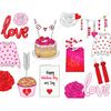Lettering Love balloon, romantic sweaters with red heart print for valentine's day, cupcake with be mine and cupid's arrow, rosebuds, red romantic earrings, gar