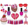Girls letter balloons for valentine's day, red, white and pink nail polish, valentine's day manicure with hearts, bright pink and purple bows, heart with cupid'