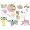 Spring clipart colorful butterfly, white teapot with flowers in it. A wicker hat with sunflowers on it. Yellow rubber boots with flowers. White puppy and cat wi