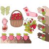 Wicker basket full of strawberries. Green checkered bow. Pink sandal decorated with strawberries. Pink sock with strawberry print. Strawberry bush with herbs an