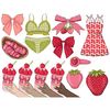 Pink and red bows. Checkered pink bow. Women's retro dress with strawberry print. Strawberry milkshake in a female hand. Juicy bright strawberries. Sandwich wit