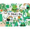 Set of St. Patrick's Day clipart elements for scrapbooking and planner stickers. Green shamrocks. Rainbow gnome in a gray cap. Cake green leprechaun hat. Cat an