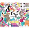 Set of bright clipart elements for planner. Tools for crafting clipart. Multi-colored felt-tip pens, markers, threads, knitting wool, staplers, stickers, clips
