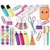 Set of bright clipart elements for planner. Tools for crafting clipart. Blue, yellow, pink markers, washi tapes, a bright glass jar with a smiley print on it, a