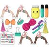 Set of bright clipart elements for planner. Tools for crafting clipart. Women's hands cut rainbow stickers with scissors, aquamarine and orange markers, pink kn