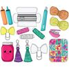 Tools for crafting clipart. Paper cutting machine for stickers, yellow and orange threads for knitting. Orange and aquamarine markers. Stationery knife. Case wi