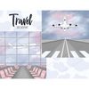Travel clipart scene bundle. Taking off planes. View from the airport window. Airport lounge with pink seats. The plane takes off on the runway against the blue