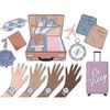 Travel clipart set. Blue sleep mask with clouds. Open brown travel suitcase with ballet flats, book, document and clothes. Pink plane. Silver compass with arrow