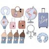Travel clipart set. Blue Travel pillows for the neck. Brown woven bag with ring handle and black glasses. Globe on a stand. Blue suitcase labeled On Vacay. Pink