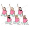 Girls in pink t-shirts, green pants and white and pink striped socks sit with their legs crossed, listening to music on headphones with phones in one hand and r