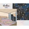Zodiac scenes. Zodiac Constellation Map. Dark cosmic night sky with gold foil metal stars, crescents and zodiac signs. Interior of a bedroom with a double bed, 