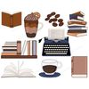 A stack of blue and brown books, coffee beans, a bookshelf, a typewriter, a cup of coffee, an open book, a closed book, coffee with foam and cookies.