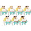 Sons in yellow shirts with white stars print and gray pants hug their fathers in white shirts and turquoise pants and celebrate father's day. Sons and fathers h