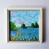 Acrylic-painting-rustic-landscape-field-blue-wildflowers-impasto-framed-art
