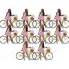 Clipart set of African American girls in purple overalls and blue sneakers in wicker hats on golden bicycles. Large wicker basket of daisies on bicycles. Variou