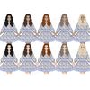 Clipart set of long-haired girls in bright blue summer dresses with colorful dots print and blue belt. Various shades of skin and hair colors