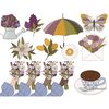 Spring clipart white lily, golden butterfly, dark rainbow umbrella, purple hyacinths, camomile top view. Bouquet of summer flowers in a female hand. A blue cup