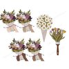 Spring clipart bright bouquets of purple flowers in craft paper, tied with a ribbon in female hands. Wafer cone with a bouquet of daisies. Brush with a bouquet