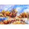 Watercolor art size 5,5 by 8 inches. Colorful Autumn landscape on paper.