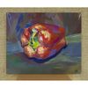 Red Bell Pepper is depicted on a blue background. Small Art for kitchen or dining room decor.