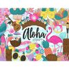 Bright colorful tropical Aloha clipart, beautiful pink flamingo, a plate of juicy summer fruits, tropical flowers, a wooden sign with the inscription Tiki Bar,