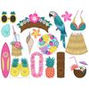 Pineapple glasses, turquoise shell, green parrot, hawaiian grass skirt with flowers, Hawaiian lei pink garland, wooden totem, pink flower pattern surfboard, pin