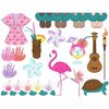 Bright Hawaiian robe with pink flowers print, pink, purple and red corals, tequila sunrise cocktail glass, wooden ukulele, turtle, pink flamingo, plumeria buds