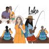 Young couple fishing with fishing rods. Back view of a girl with a backpack in a wooden boat with a paddle. African American girl in a sailor t-shirt with a fis