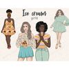 Set of pastel retro groove clipart with girls with ice cream. Women in groove dresses from the 80s, 70s. African American girls in retro clothes