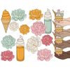 Pastel retro groove clipart set with ice cream. Wafer cones with ice cream balls and sprinkles in female hands. Pastel orange, green, pink and white peony buds.