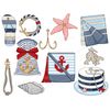 Set of marine items fisherman clipart red and blue. White and blue bag with gold anchor print tied with a red bow. Blue-beige flip flop. Pink starfish. Blue-gra