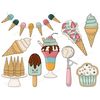 Pastel retro groove clipart set with ice cream. Garland of ice cream in waffle cups. Multicolored ice cream in a glass goblet with cream, chocolate syrup and ch