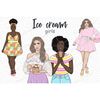 Set of bright summer clipart with trendy tropical girls with ice cream. Women with ice cream on vacation. African American girls in retro clothes