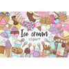 Set of colorful cliparts with summer sweet ice cream. Big set of summer sweets food clipart. Ice cream waffle cones with strawberries, sprinkles, popsicle, sund