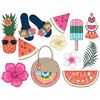 Set of bright summer clipart with exotic fruits, tropical flowers and summer clothes. Orange pineapple in pink sunglasses. Black summer women's flip flops with