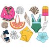 Pink summer women's jumpsuit. Beige and brown seashells. Green swimsuit with a blue belt. Blue tropical flower. Yellow-orange-pink popsicle on a stick. Wedge he