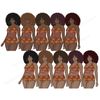 Plus size body positive african american girls with puffy afro hairstyle and gold round earrings with yellow manicure in brown swimsuits with tropical exotic fl